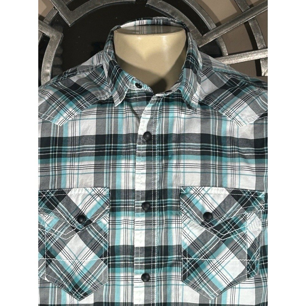 Helix Shirt Men L Snap Button Down Athletic Fit Western Blue Black Gray